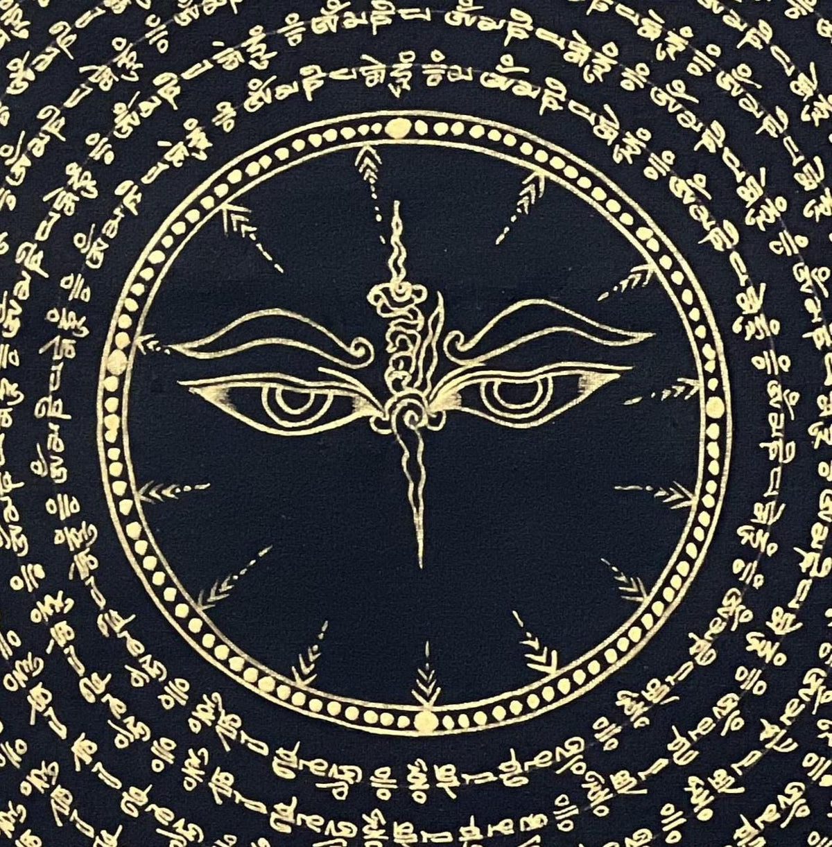 Hand-Painted Buddha Eye Mandala Thangka  Black and Gold Om Mani Padme Hum Art
