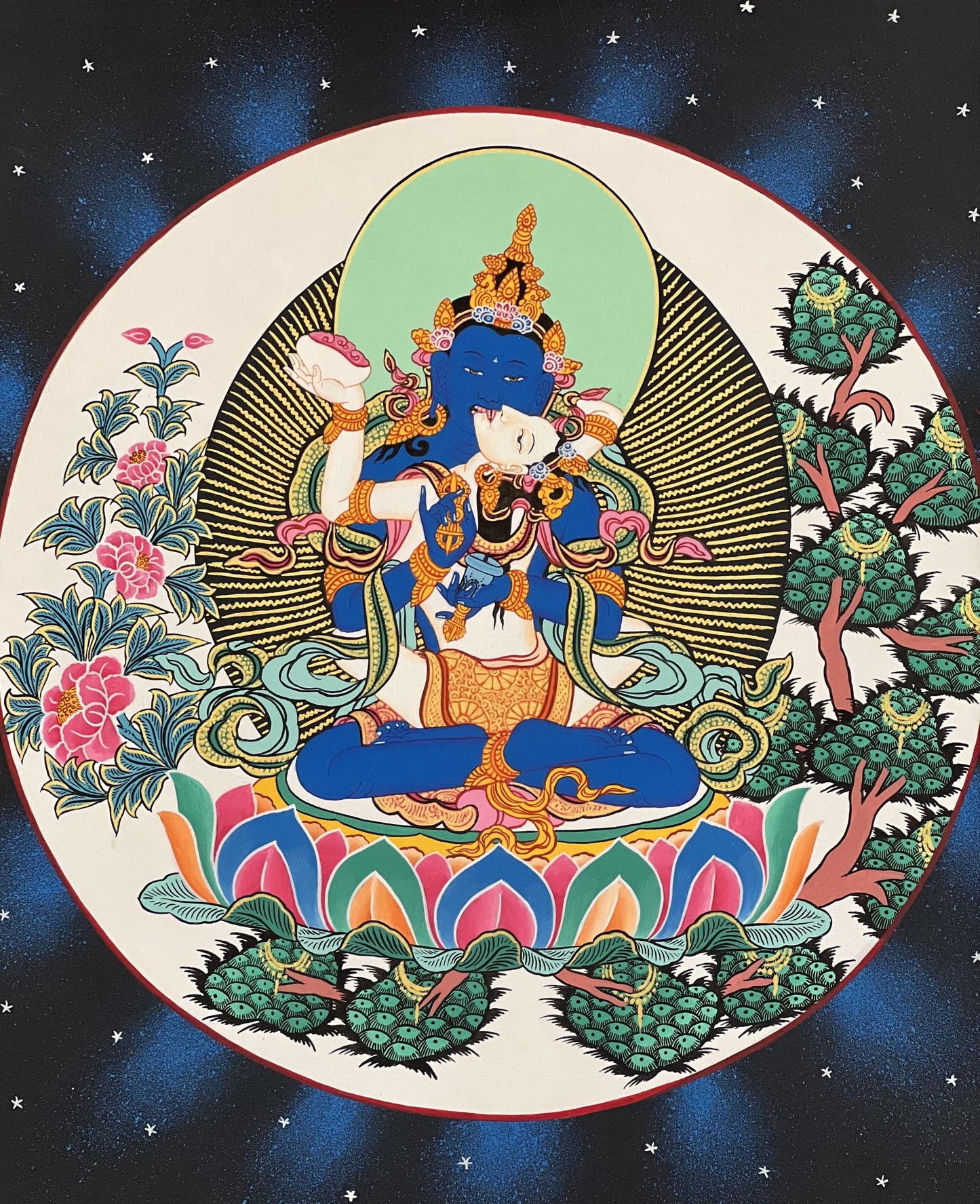 Hand-Painted Vajradhara YabYum Thangka with Silk Brocade