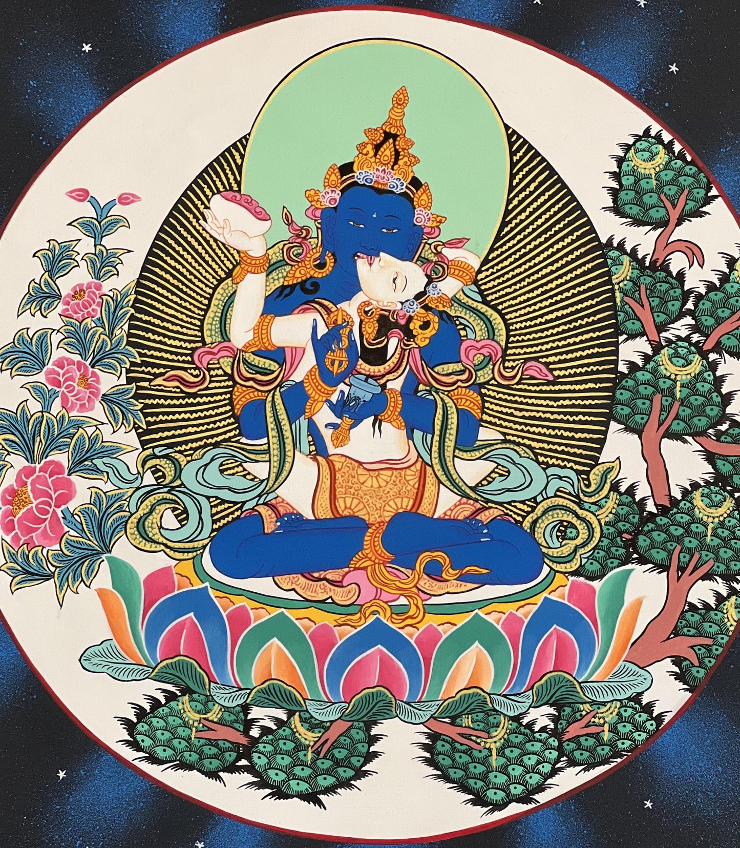 Hand-Painted Vajradhara YabYum Thangka with Silk Brocade