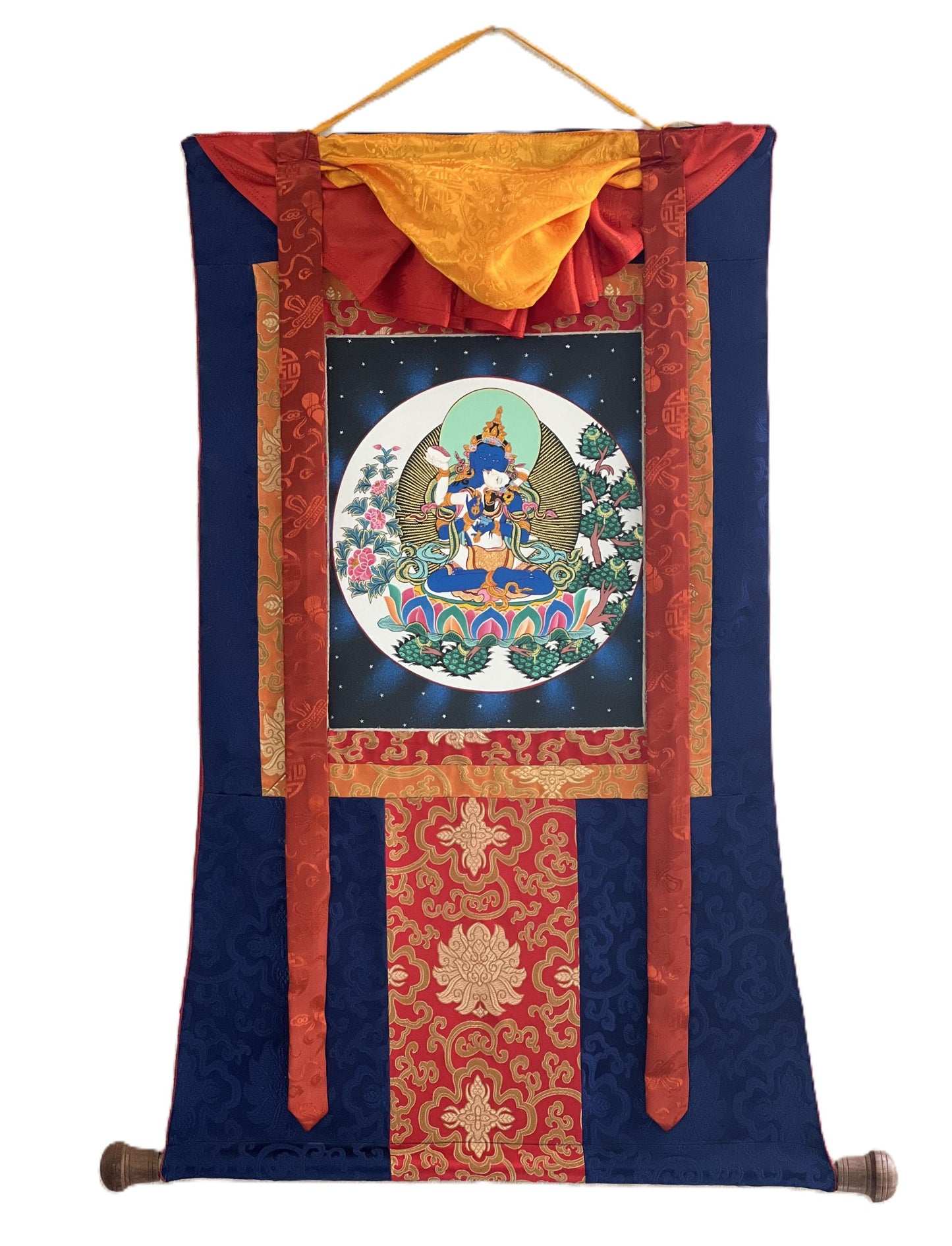 Hand-Painted Vajradhara YabYum Thangka with Silk Brocade