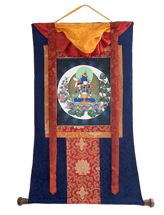 Hand-Painted Vajradhara YabYum Thangka with Silk Brocade