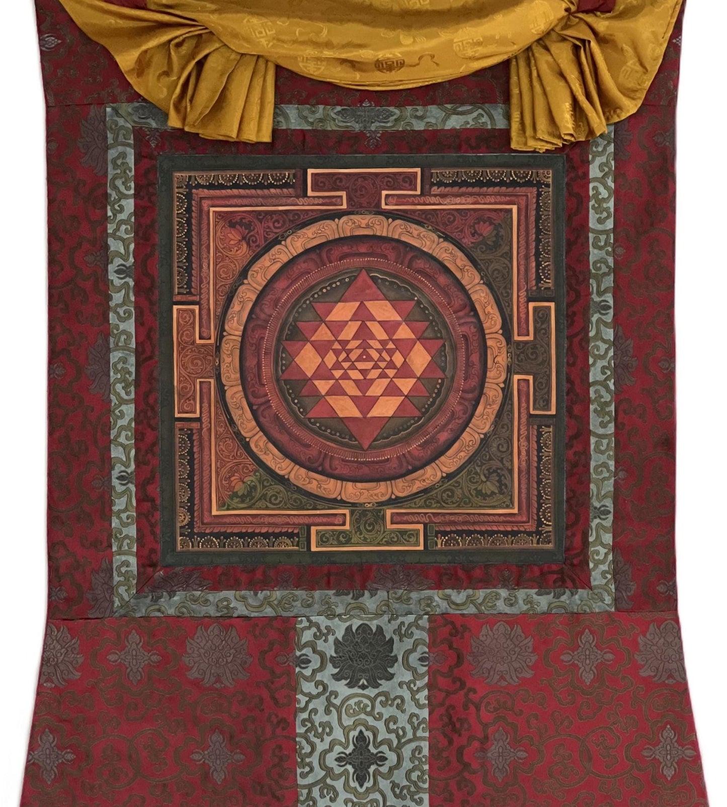 Hand-Painted Sri Yantra Mandala Thangka – Oil-Varnished Shri Chakra with Silk Brocade