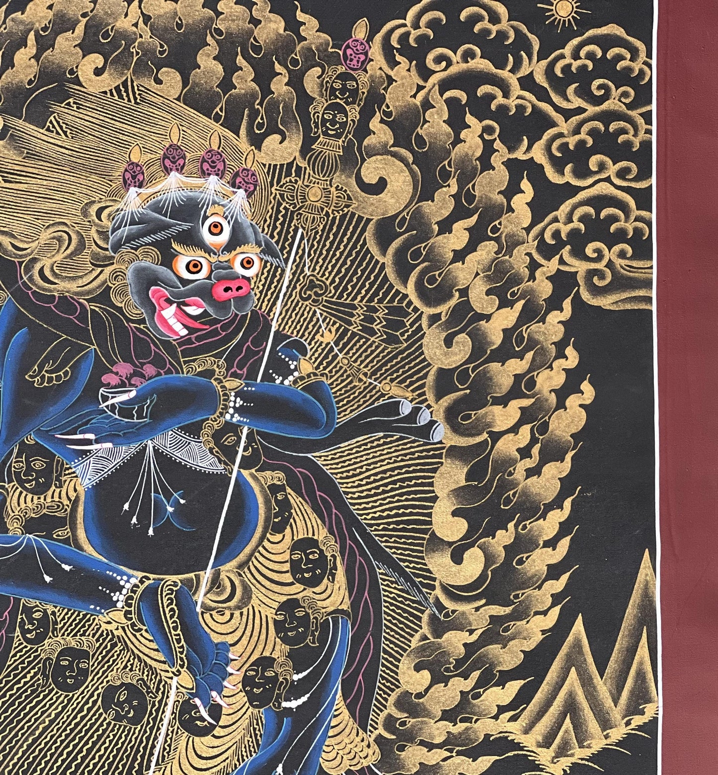 Hand-Painted Simhamukhi Thangka – Lion-Faced Dakini, Silk Brocade Buddhist Art
