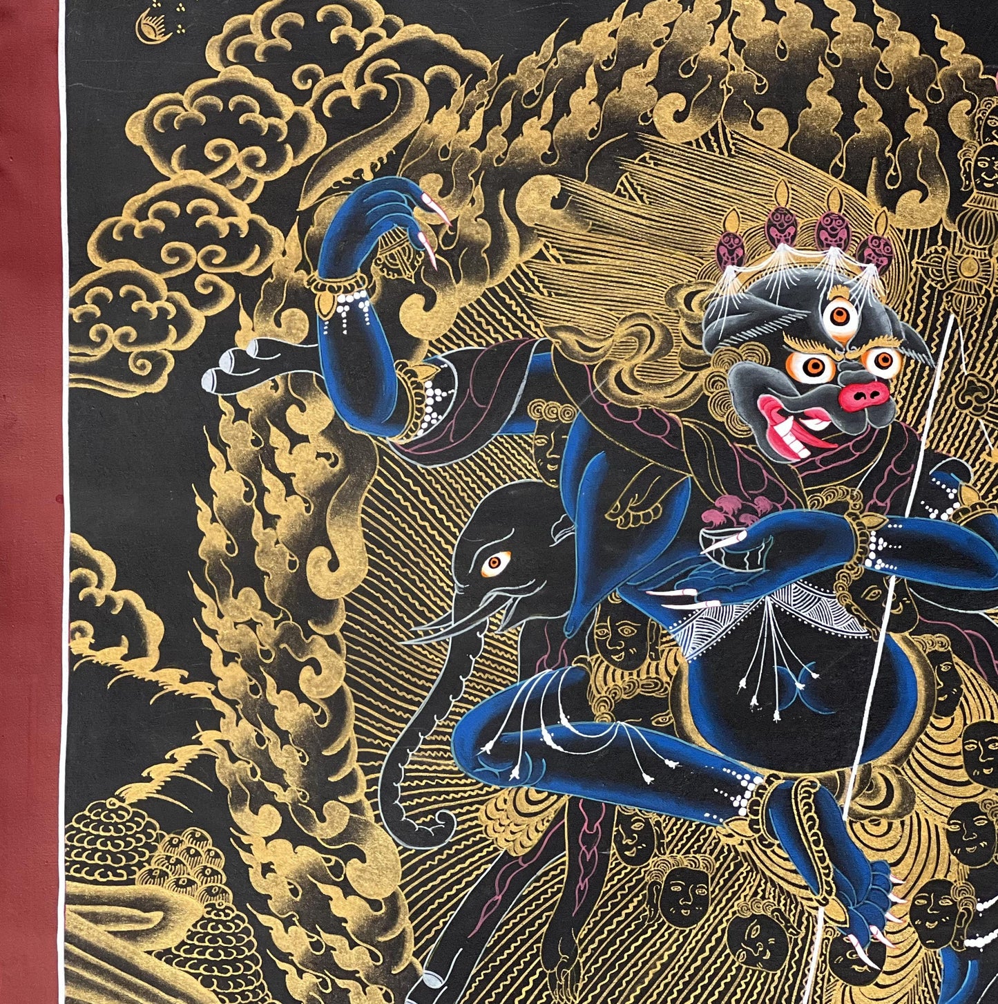 Hand-Painted Simhamukhi Thangka – Lion-Faced Dakini, Silk Brocade Buddhist Art