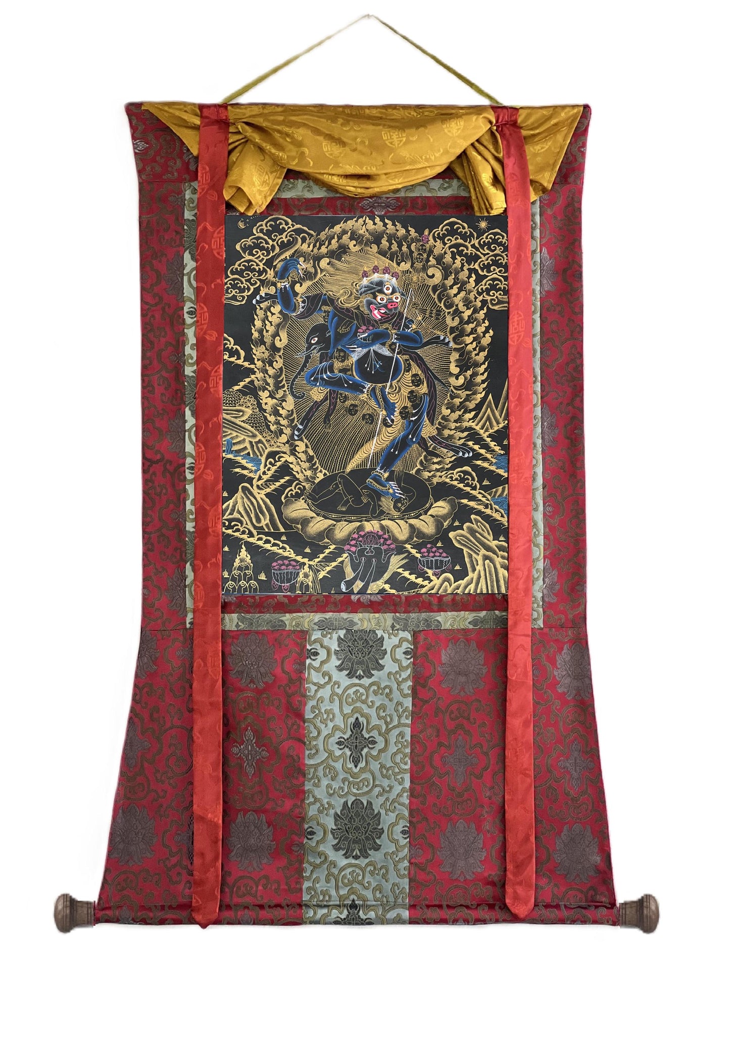 Hand-Painted Simhamukhi Thangka – Lion-Faced Dakini, Silk Brocade Buddhist Art