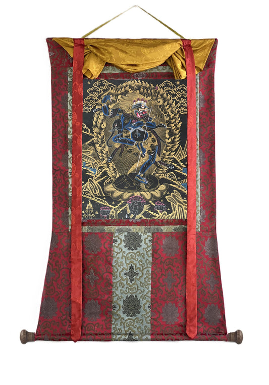 Hand-Painted Simhamukhi Thangka – Lion-Faced Dakini, Silk Brocade Buddhist Art