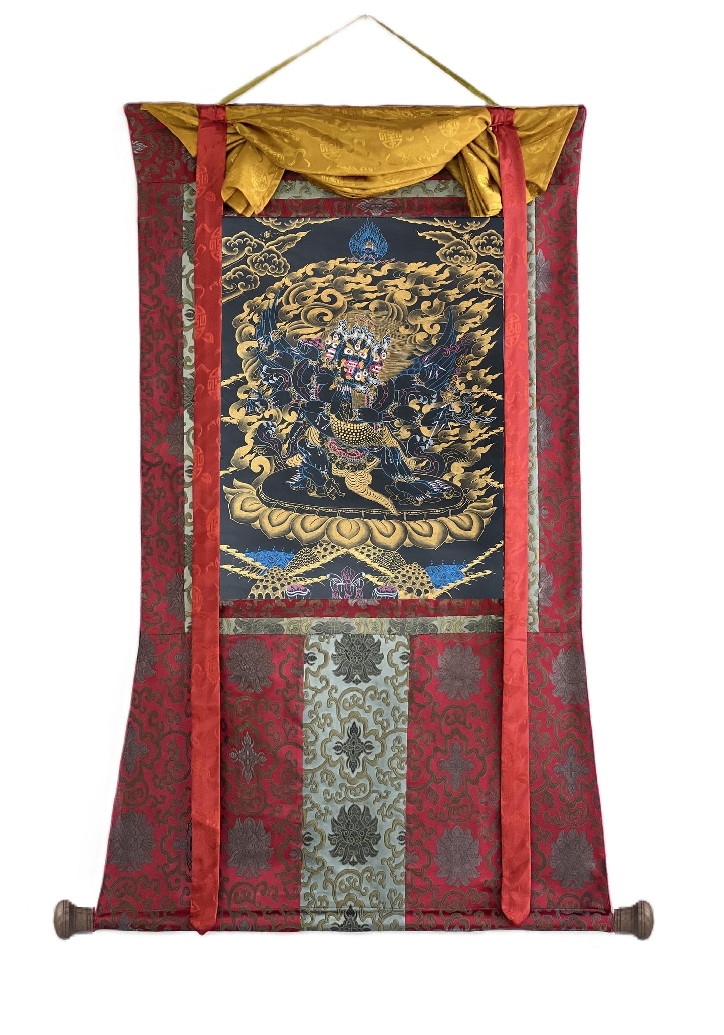 Hand-Painted Vajrakilaya Thangka – Black and Gold Buddhist Art with Silk Brocade