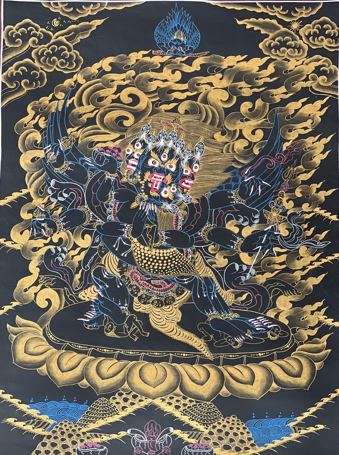 Hand-Painted Vajrakilaya Thangka – Black and Gold Buddhist Art with Silk Brocade