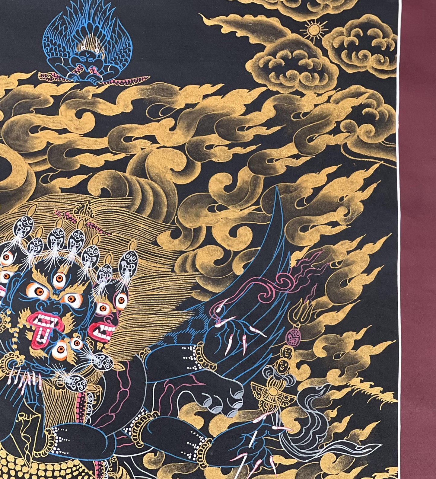 Hand-Painted Vajrakilaya Thangka – Black and Gold Buddhist Art with Silk Brocade