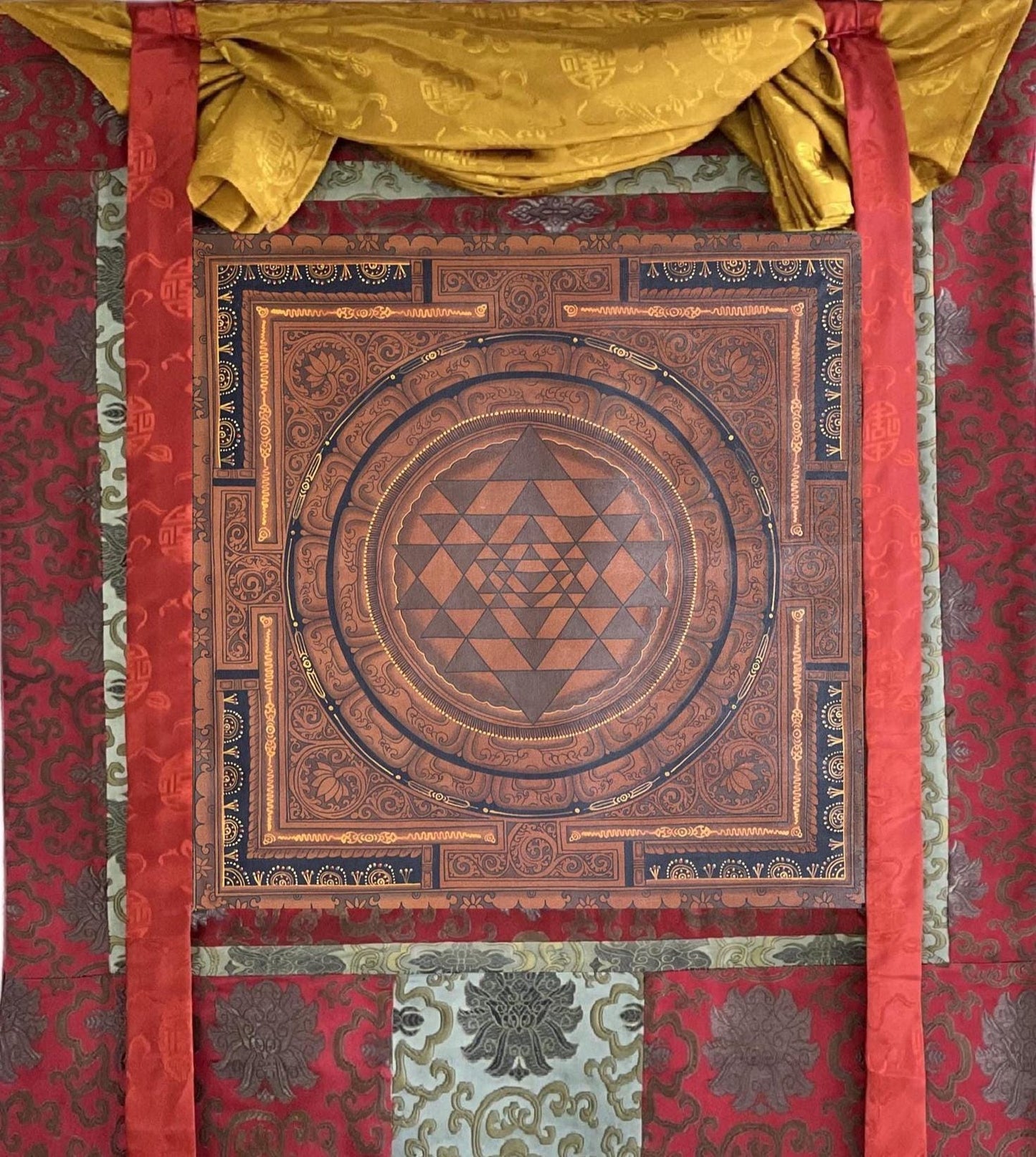 Hand-Painted Sri Yantra Mandala Thangka Art - Silk Brocade Frame