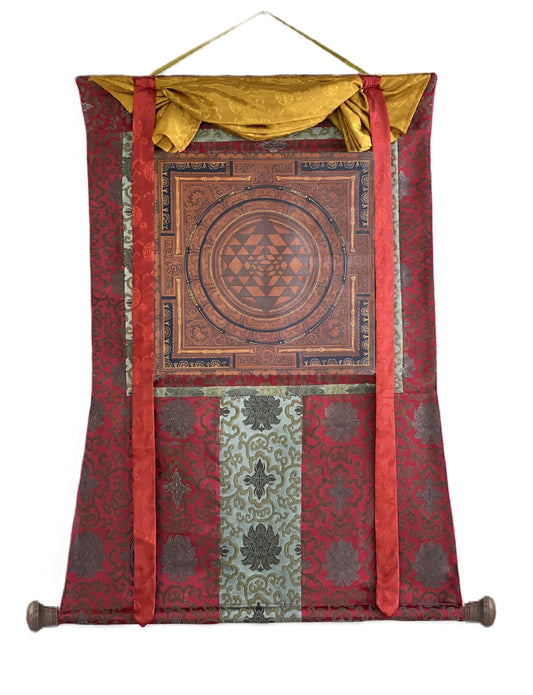 Hand-Painted Sri Yantra Mandala Thangka Art - Silk Brocade Frame