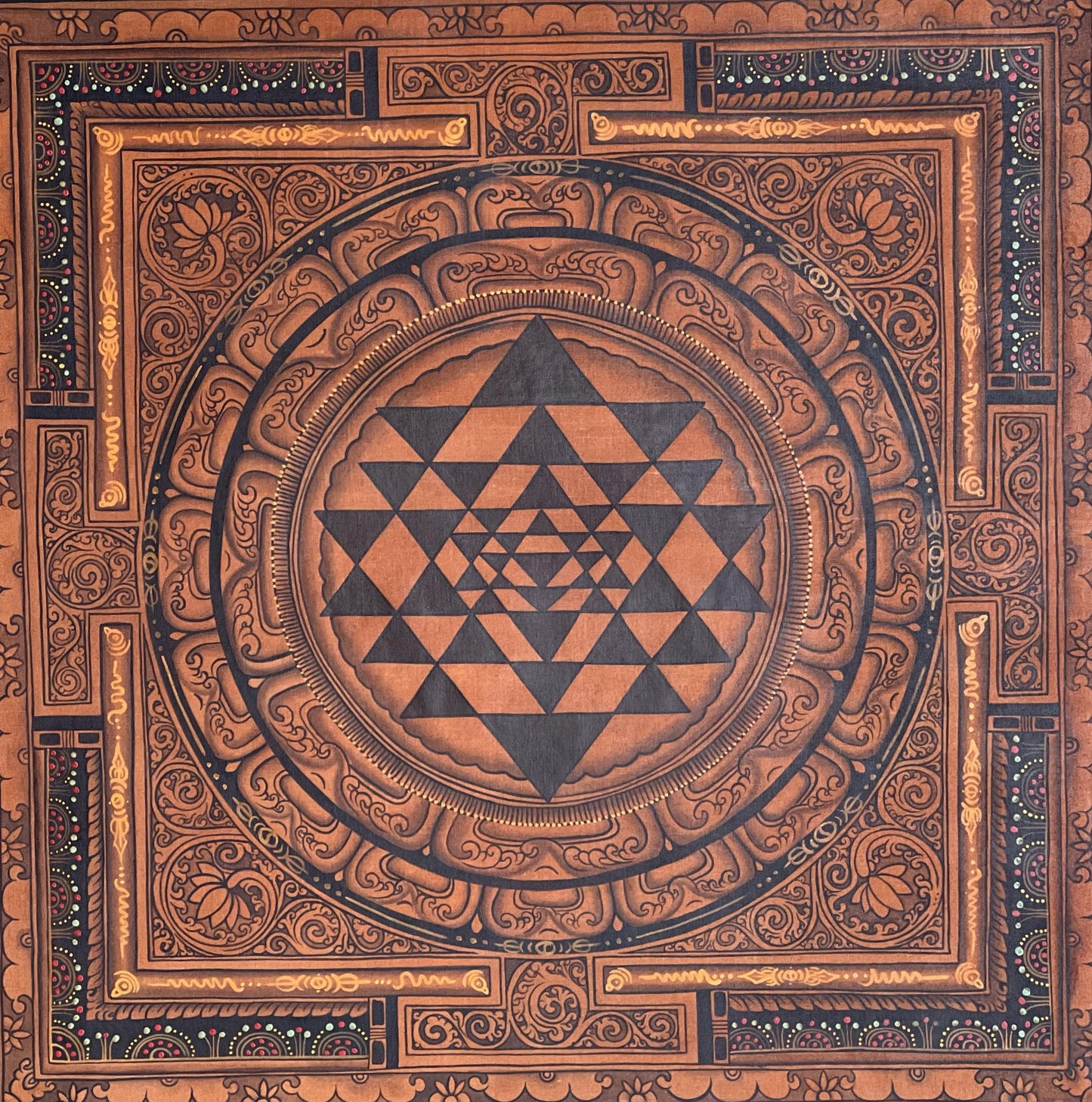 Hand-Painted Sri Yantra Mandala Thangka – Newari Art with Silk Brocade