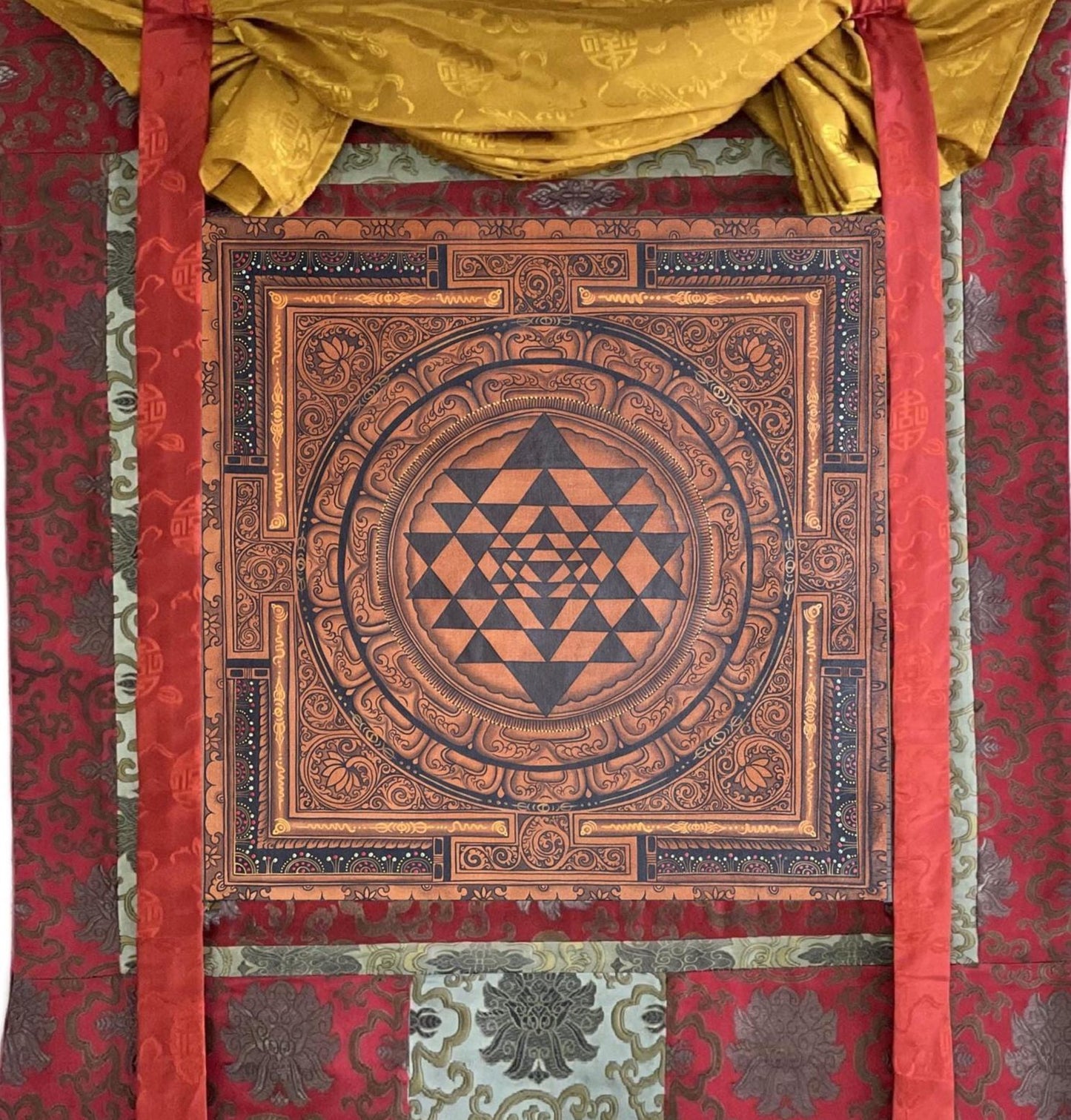 Hand-Painted Sri Yantra Mandala Thangka – Newari Art with Silk Brocade