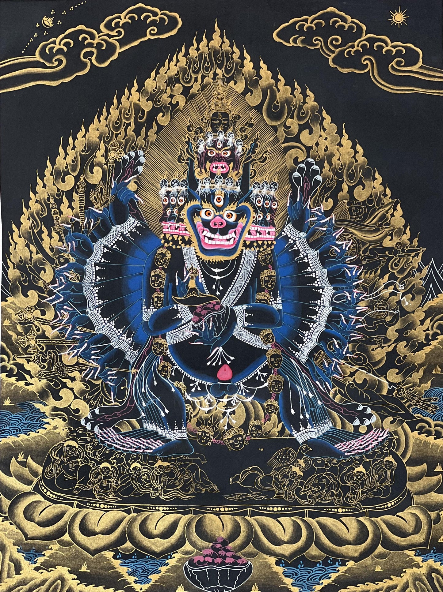 Hand-Painted Yamantaka Thangka – Black and Gold Tibetan Buddhist Art, Silk Brocade