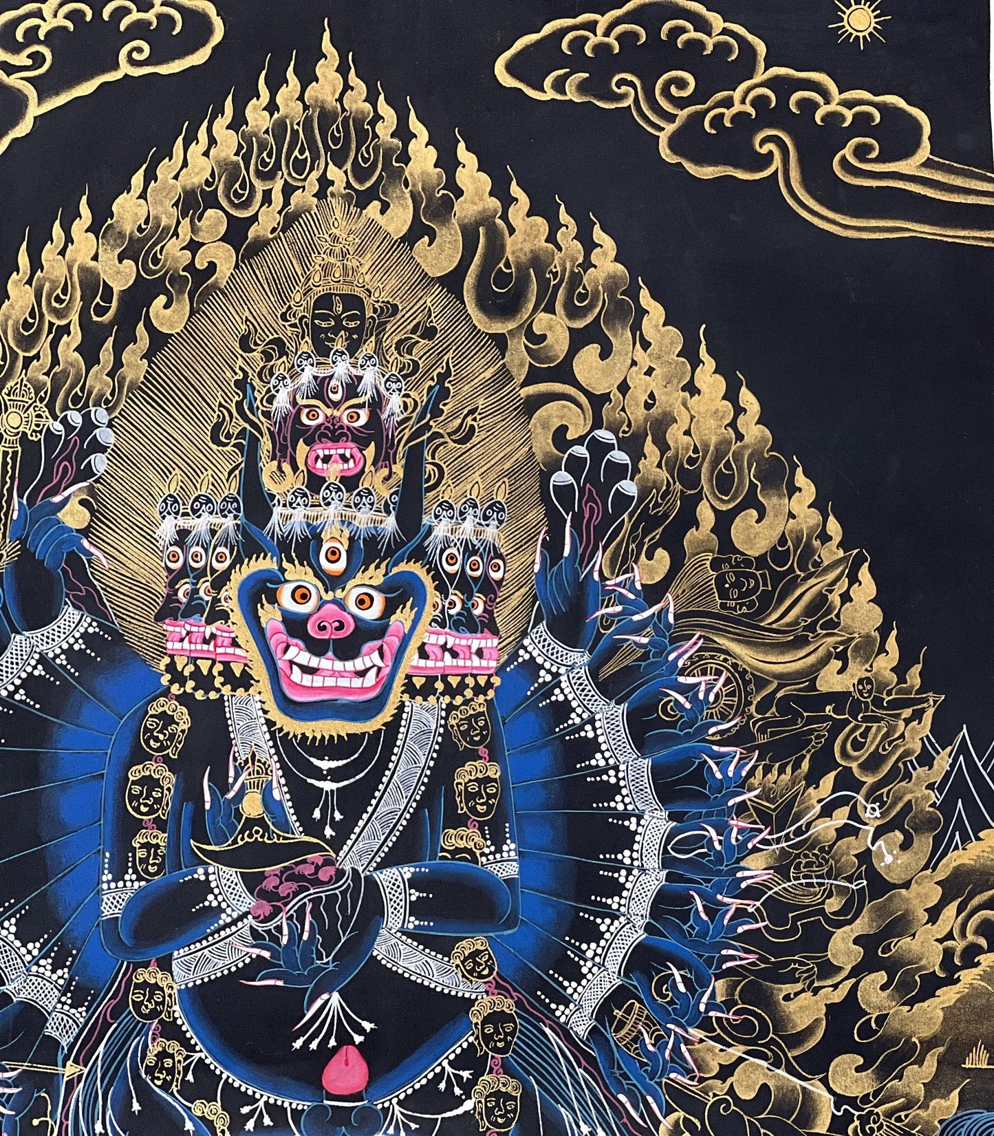 Hand-Painted Yamantaka Thangka – Black and Gold Tibetan Buddhist Art, Silk Brocade
