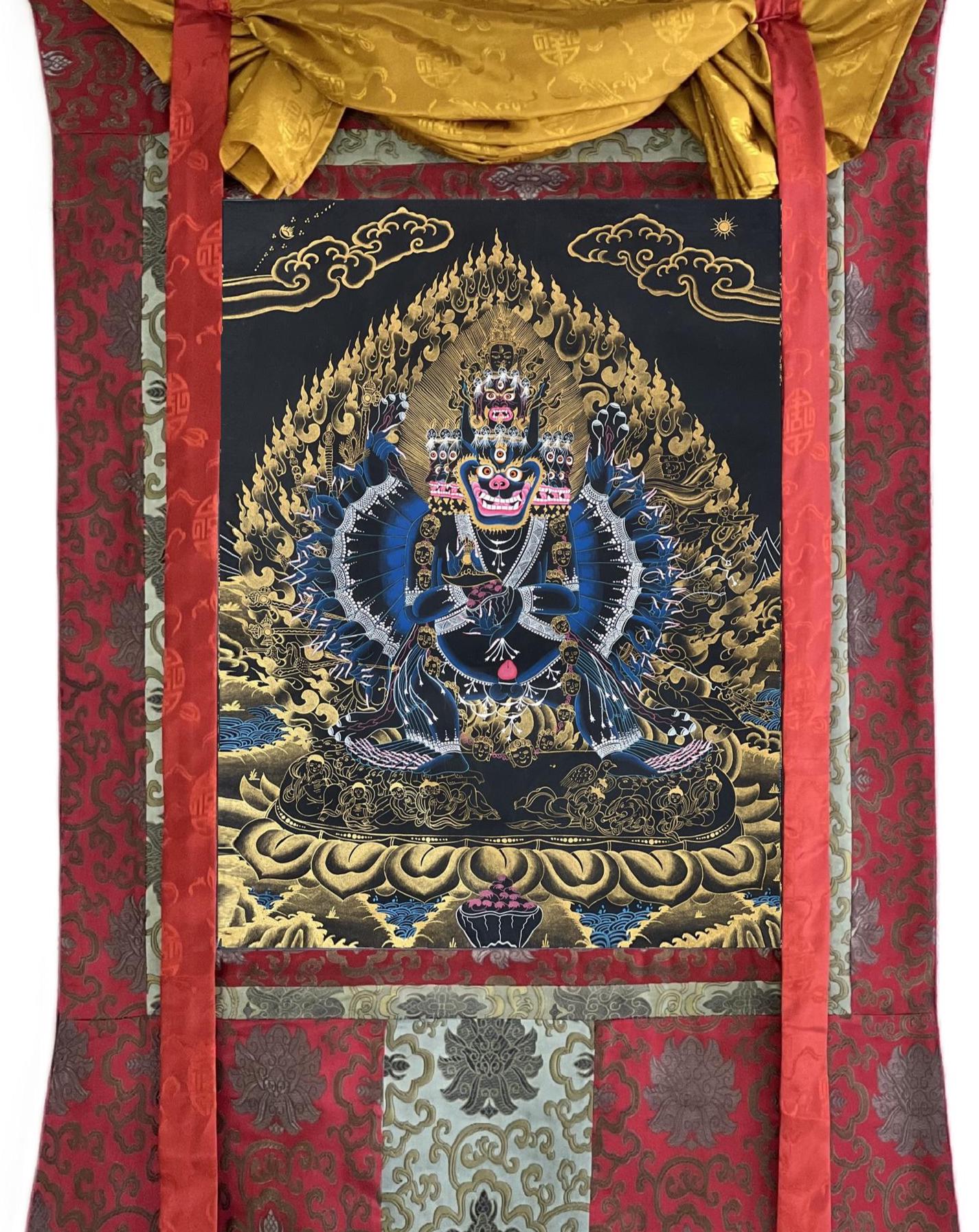 Hand-Painted Yamantaka Thangka – Black and Gold Tibetan Buddhist Art, Silk Brocade