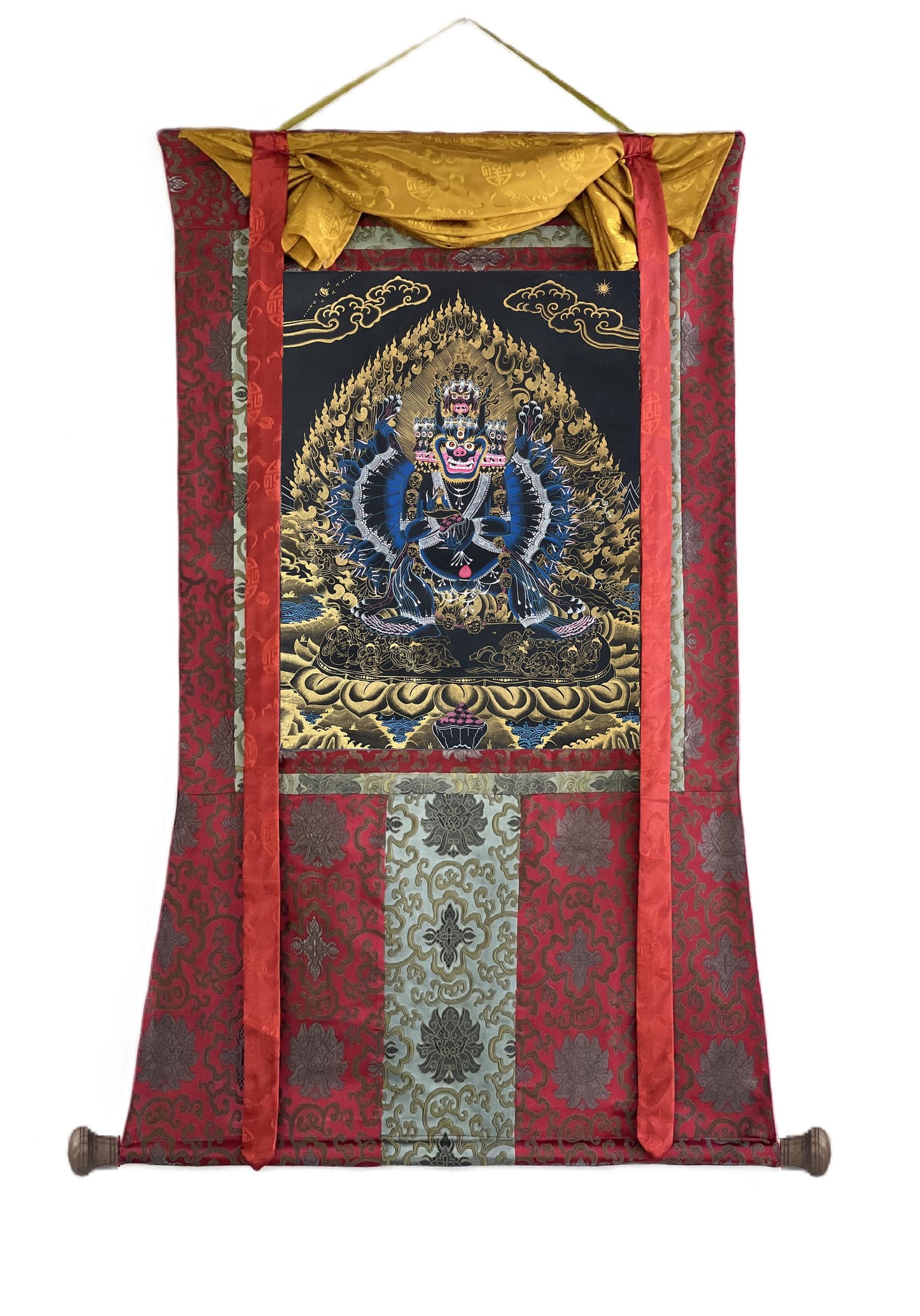 Hand-Painted Yamantaka Thangka – Black and Gold Tibetan Buddhist Art, Silk Brocade