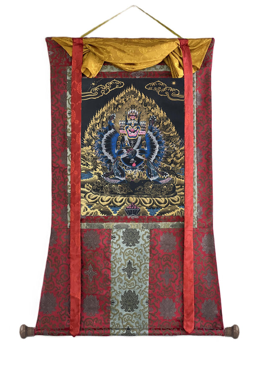 Hand-Painted Yamantaka Thangka – Black and Gold Tibetan Buddhist Art, Silk Brocade