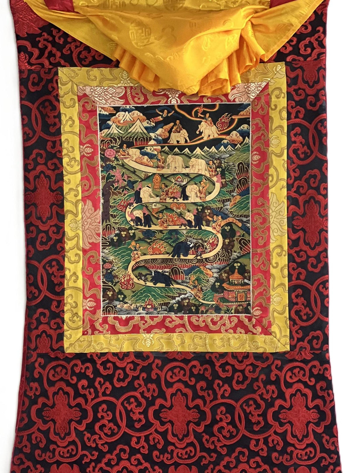 Tibetan Thangka Painting: Samatha Meditation - Way to Nirvana Art with Silk Brocade