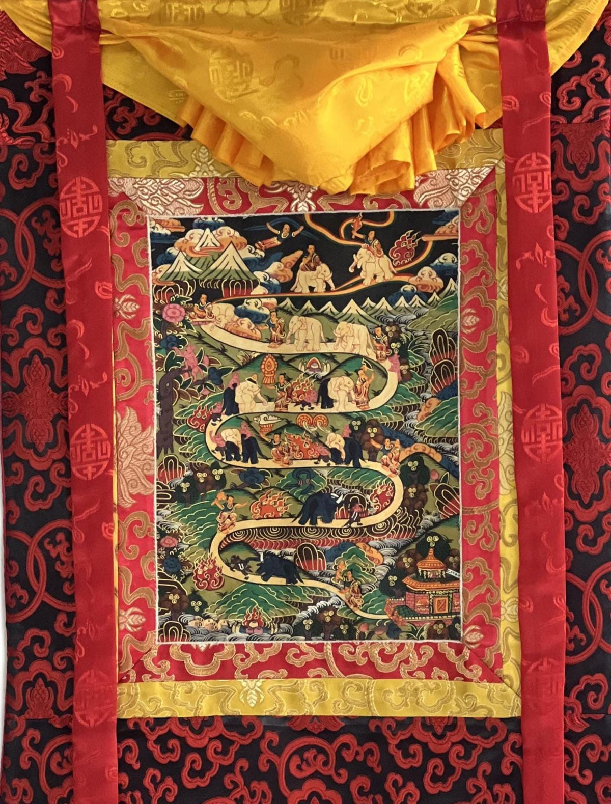 Tibetan Thangka Painting: Samatha Meditation - Way to Nirvana Art with Silk Brocade