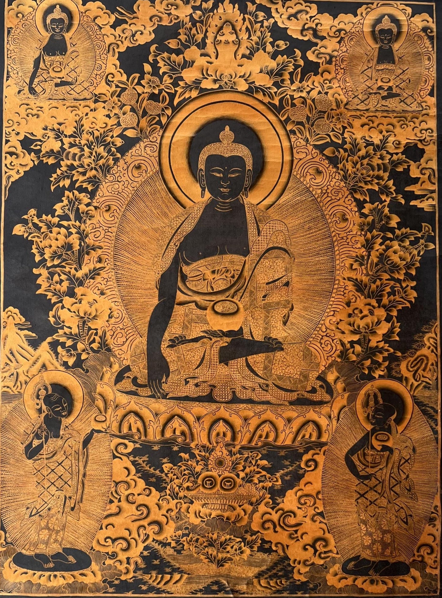 Hand-Painted Medicine Buddha Thangka – Black & Gold Tibetan Healing Art with Silk