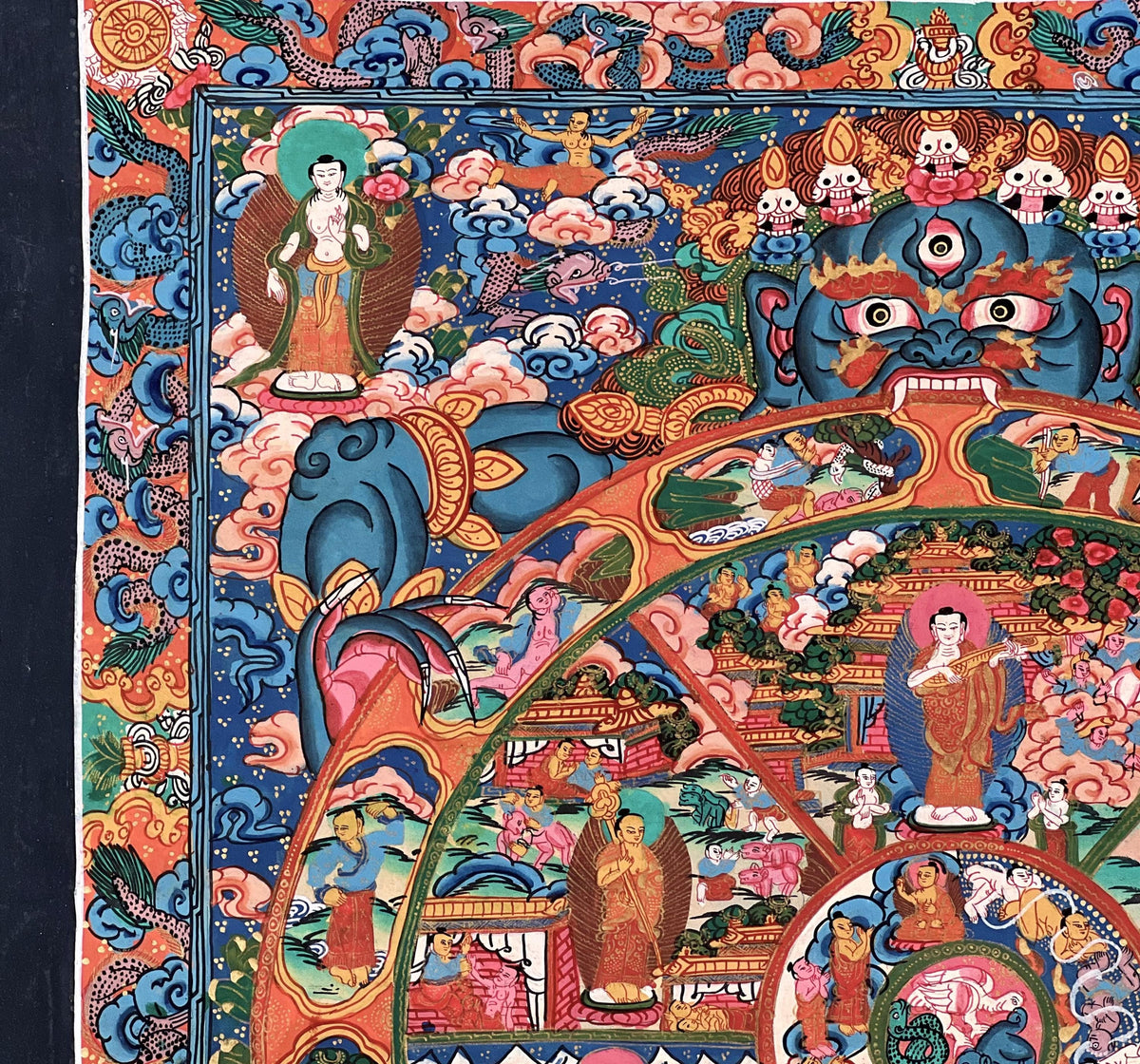 Hand-Painted Samsara Wheel of Life Thangka: Tibetan Buddhist Bhavachakra Mandala Art