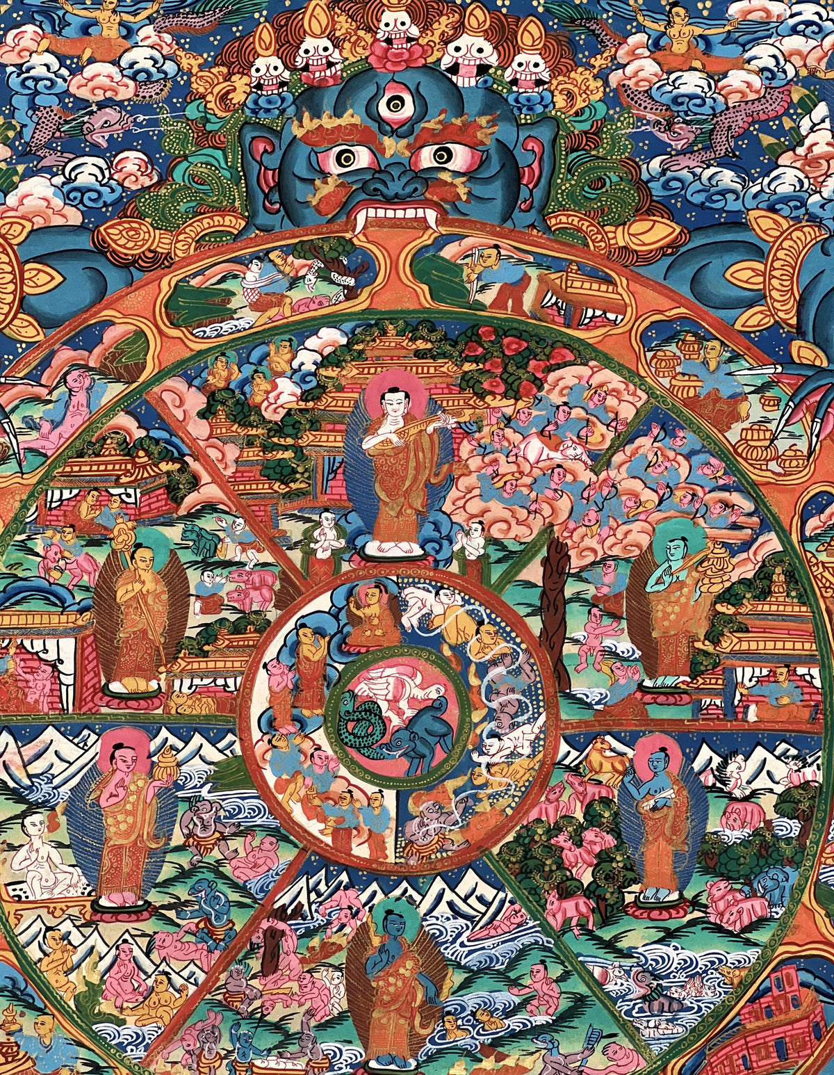 Hand-Painted Samsara Wheel of Life Thangka: Tibetan Buddhist Bhavachakra Mandala Art