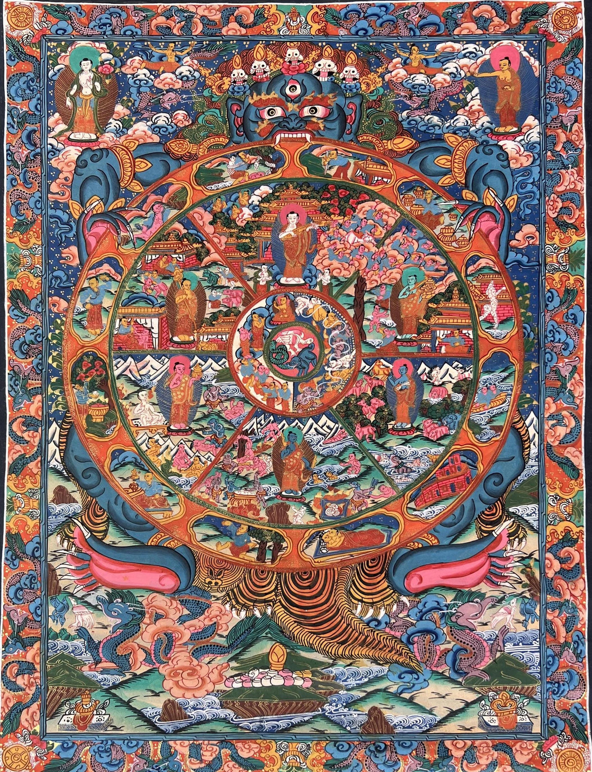 Hand-Painted Samsara Wheel of Life Thangka: Tibetan Buddhist Bhavachakra Mandala Art
