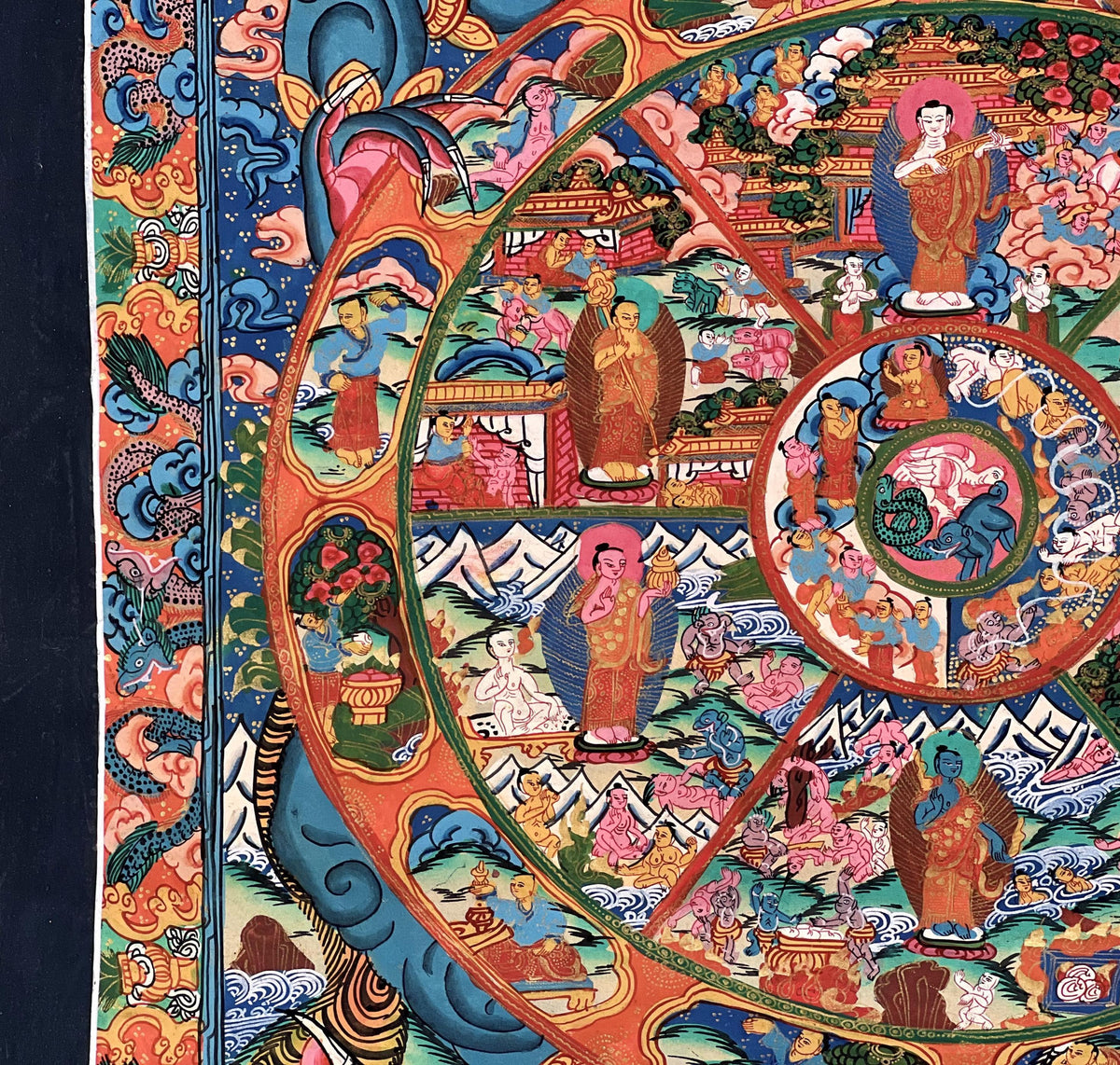 Hand-Painted Samsara Wheel of Life Thangka: Tibetan Buddhist Bhavachakra Mandala Art