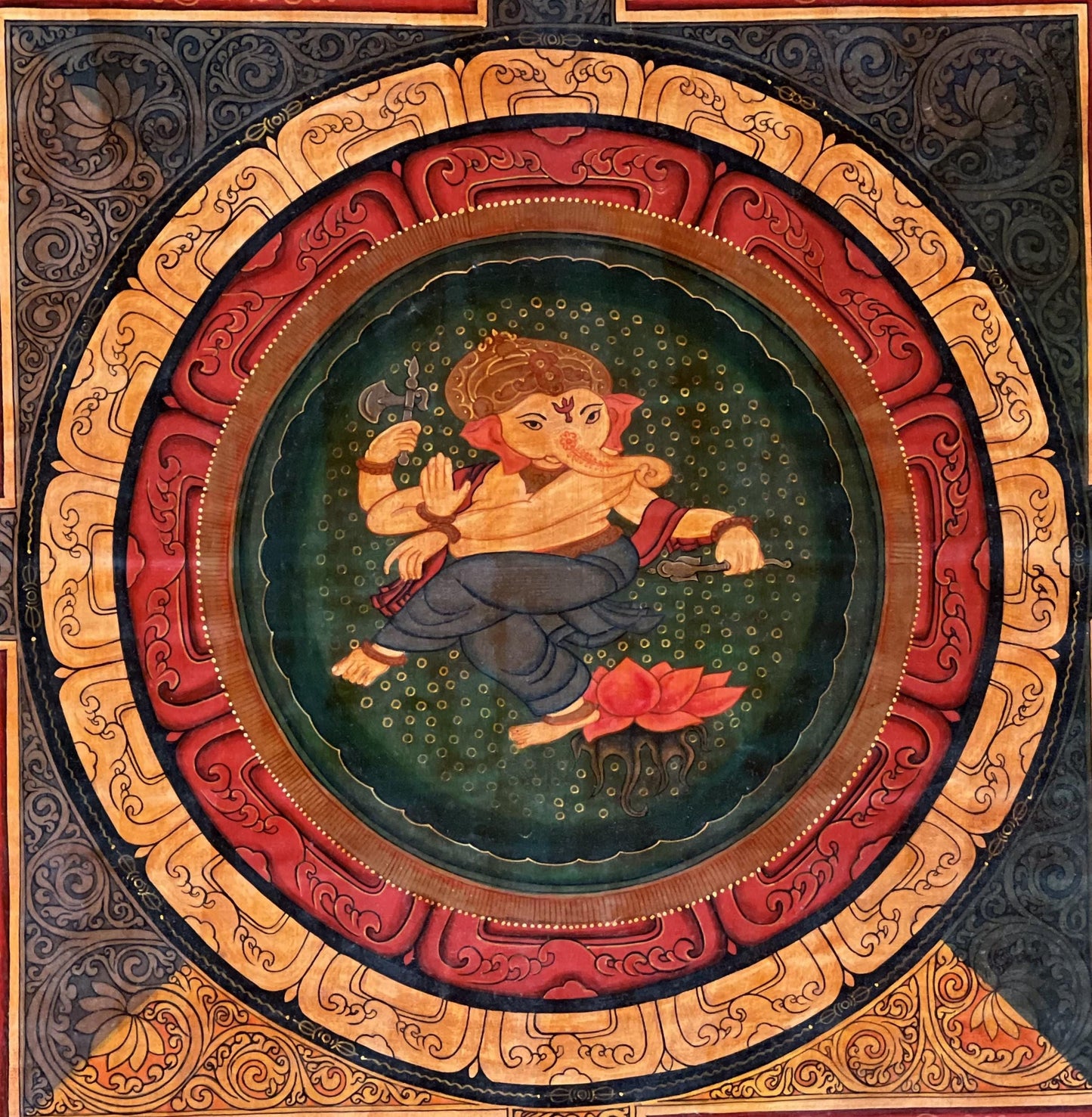 Original Hand-Painted Vintage Ganesha Sri Yantra Mandala Paubha Thangka Painting with Silk Brocade