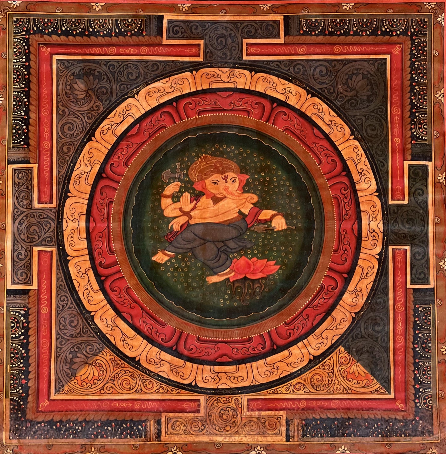 Original Hand-Painted Vintage Ganesha Sri Yantra Mandala Paubha Thangka Painting with Silk Brocade