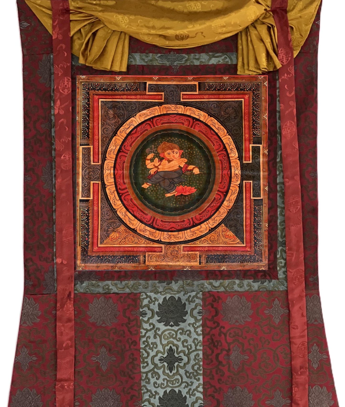 Original Hand-Painted Vintage Ganesha Sri Yantra Mandala Paubha Thangka Painting with Silk Brocade