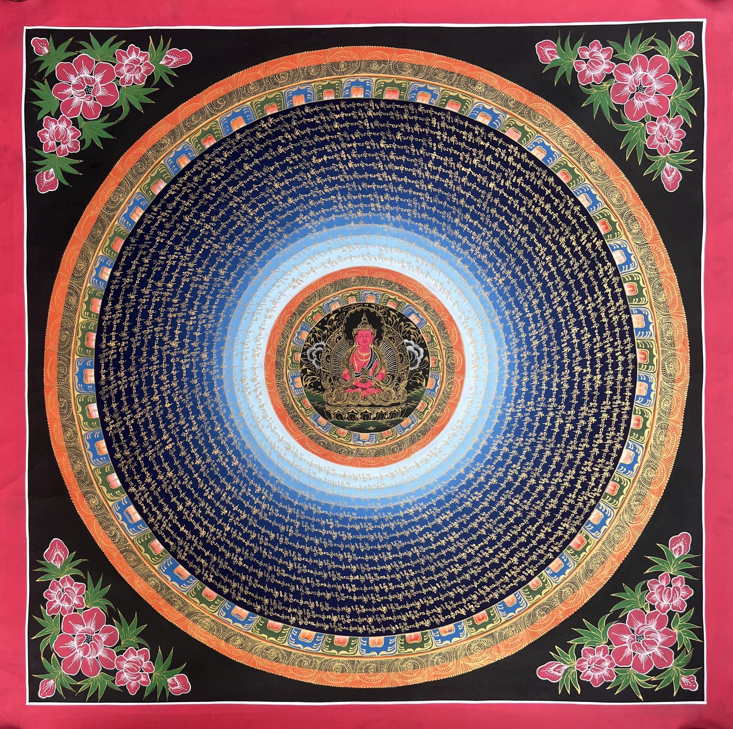 Large Amitayus Mantra Mandala Thangka | Hand-Painted Tibetan Longevity Buddha Art