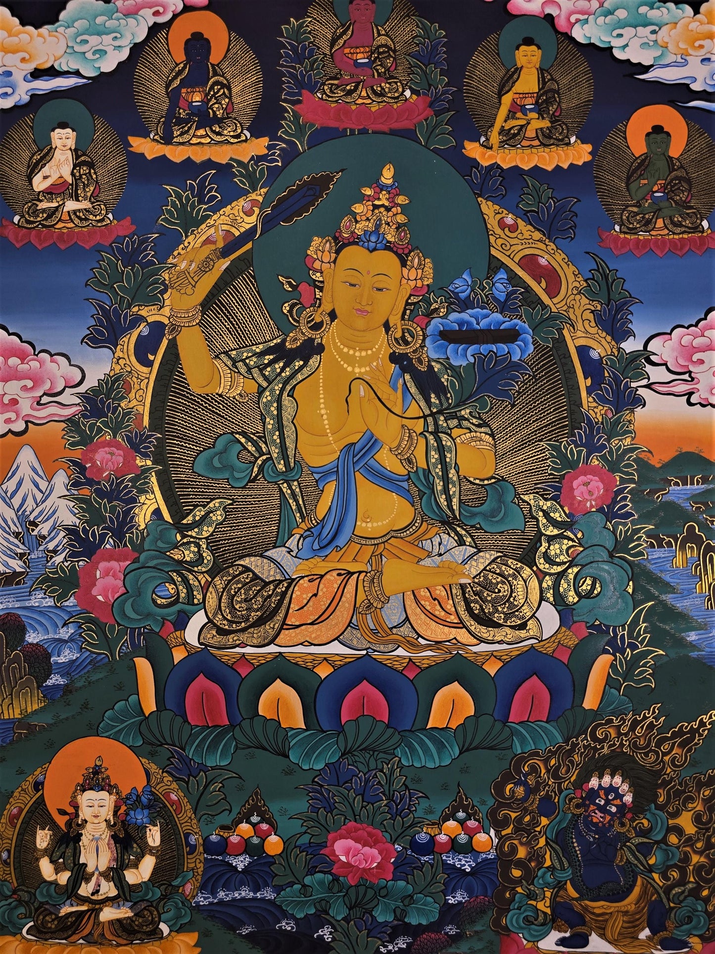 Original Hand-Painted Manjushri Thangka Painting Featuring the Five Dhyani Buddhas, Flanked by Chenrezig and Vajrapani