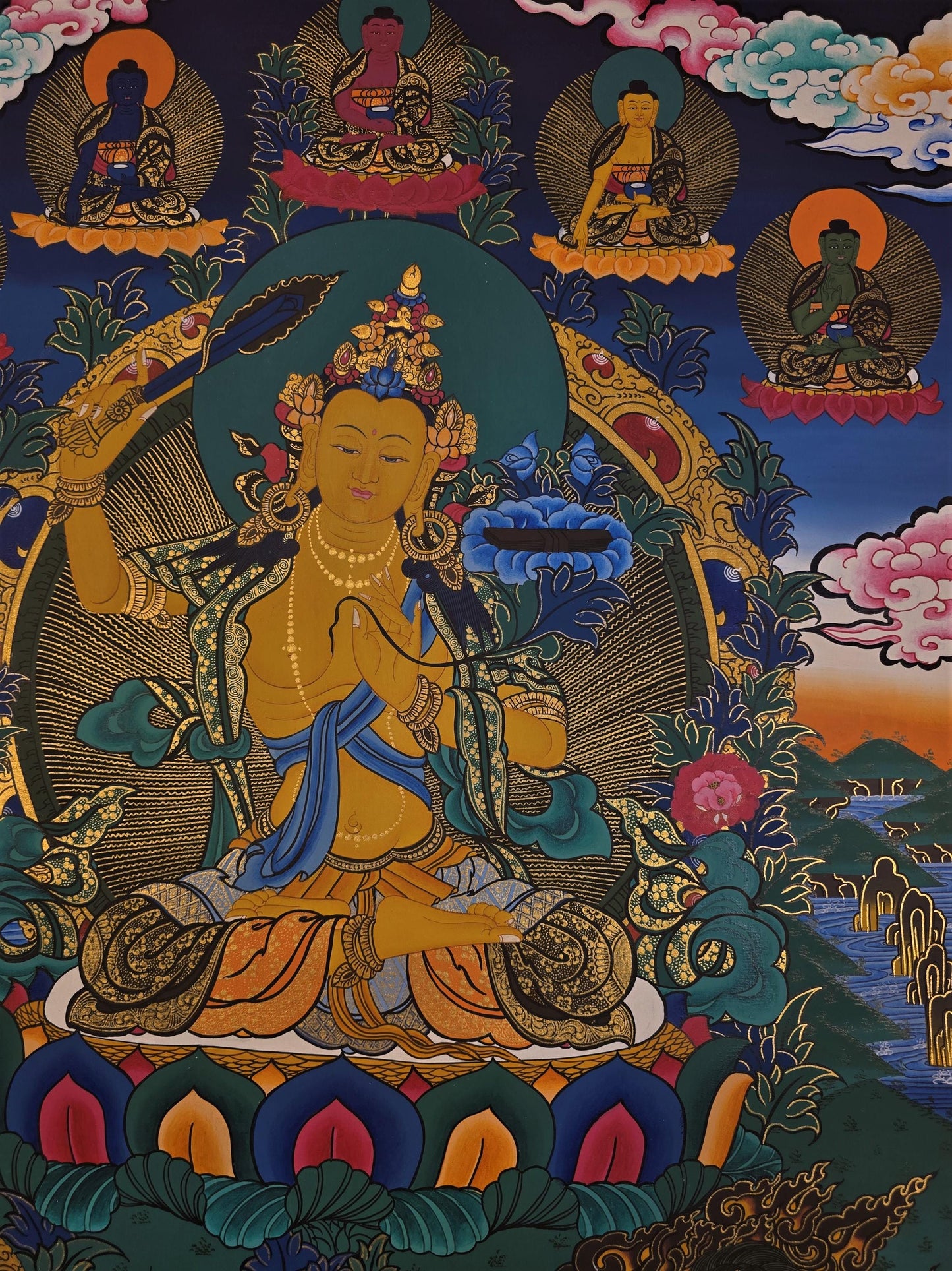 Original Hand-Painted Manjushri Thangka Painting Featuring the Five Dhyani Buddhas, Flanked by Chenrezig and Vajrapani