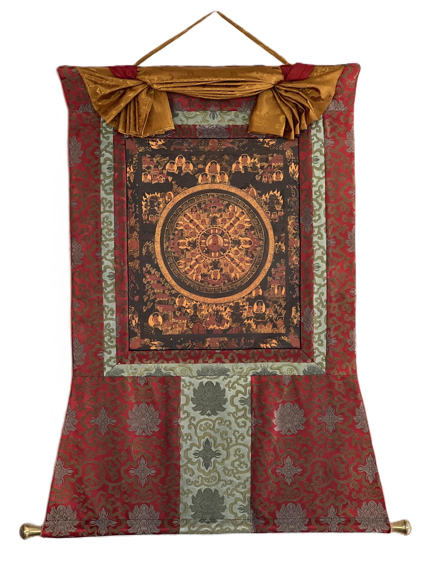 Original Hand-Painted Buddha Life Mandala Thangka – Oil Varnished Tibetan Buddhist Art with Silk Brocade