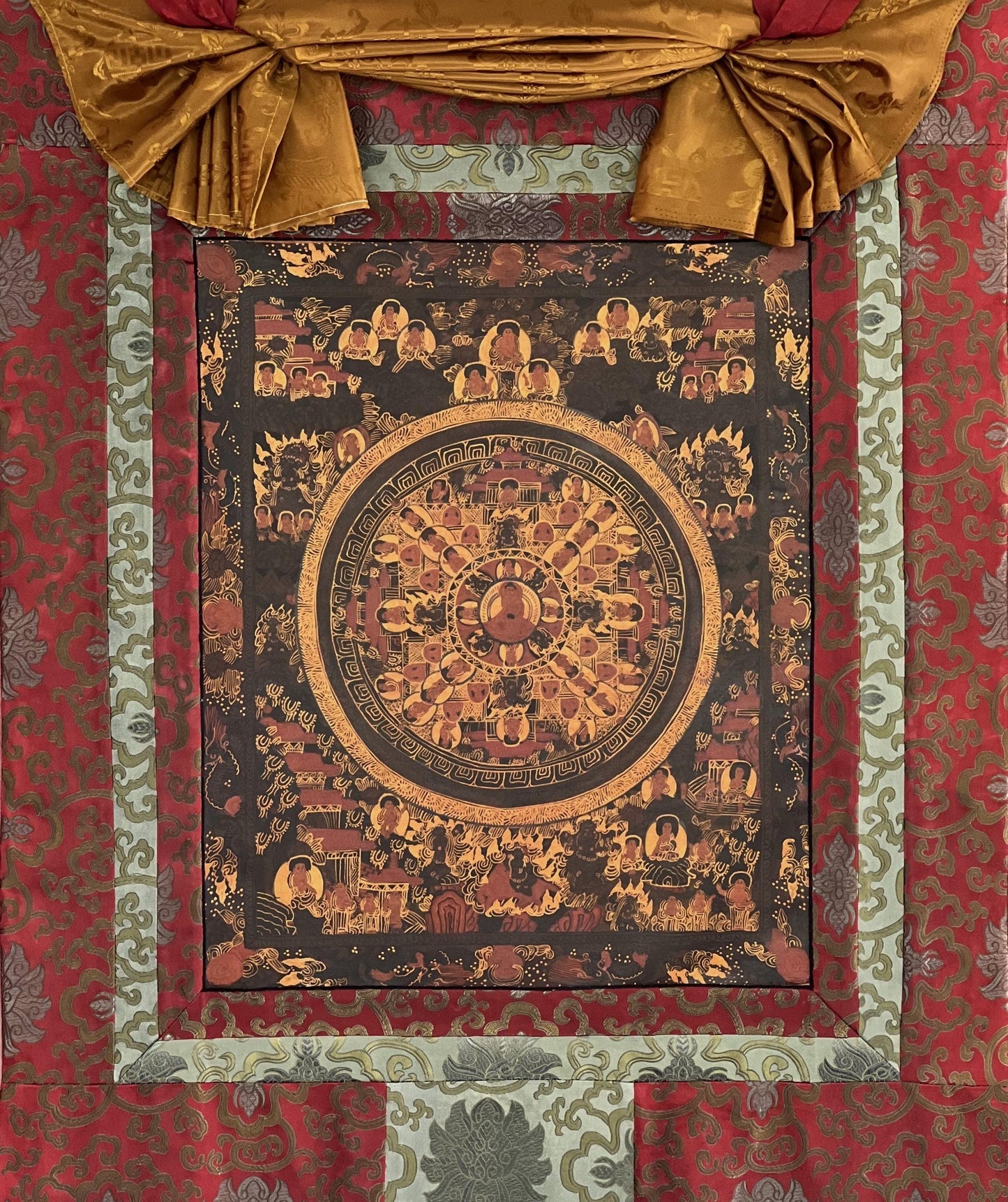 Original Hand-Painted Buddha Life Mandala Thangka – Oil Varnished Tibetan Buddhist Art with Silk Brocade