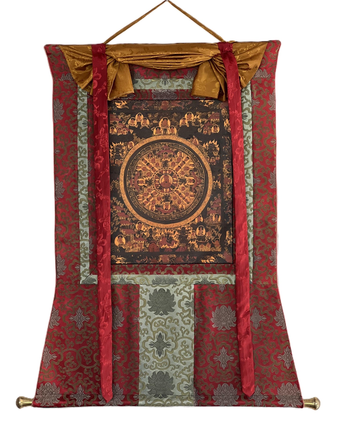 Original Hand-Painted Buddha Life Mandala Thangka – Oil Varnished Tibetan Buddhist Art with Silk Brocade