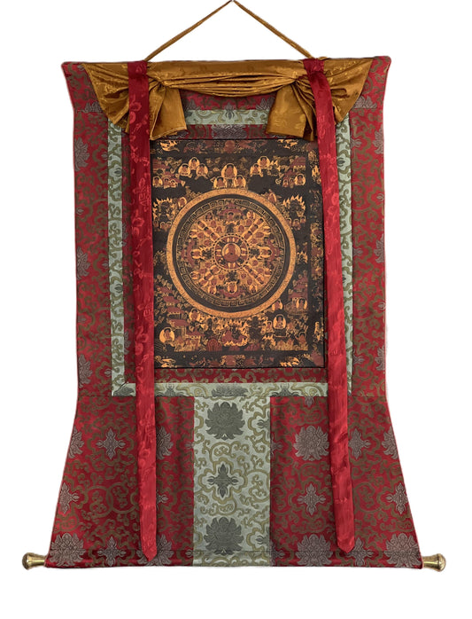 Original Hand-Painted Buddha Life Mandala Thangka – Oil Varnished Tibetan Buddhist Art with Silk Brocade