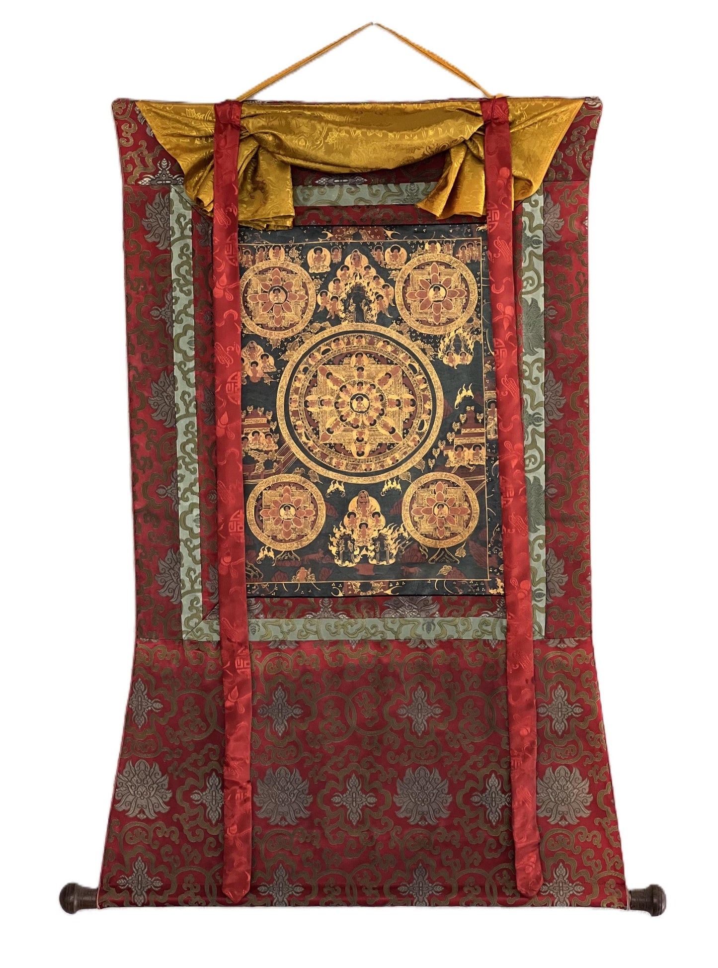 Original Hand-Painted Bhavachakra Wheel of Life Mandala Tibetan Thangka – Oil Varnished with Silk Brocade