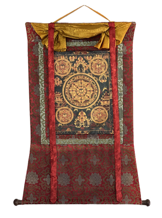 Original Hand-Painted Bhavachakra Wheel of Life Mandala Tibetan Thangka – Oil Varnished with Silk Brocade