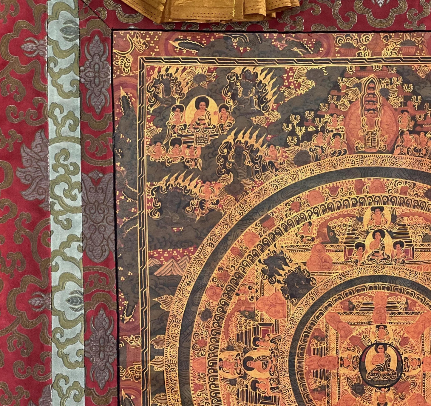 Hand-Painted Buddha Mandala Thangka – Tibetan Silk Brocade Art