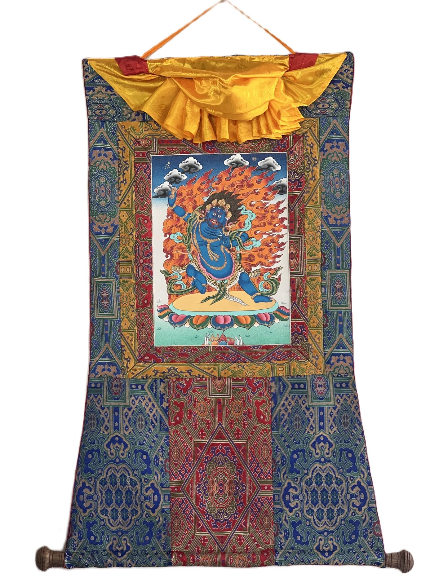 Hand-Painted Vajrapani Thangka | Silk Brocade Framed Tibetan Buddhist Art