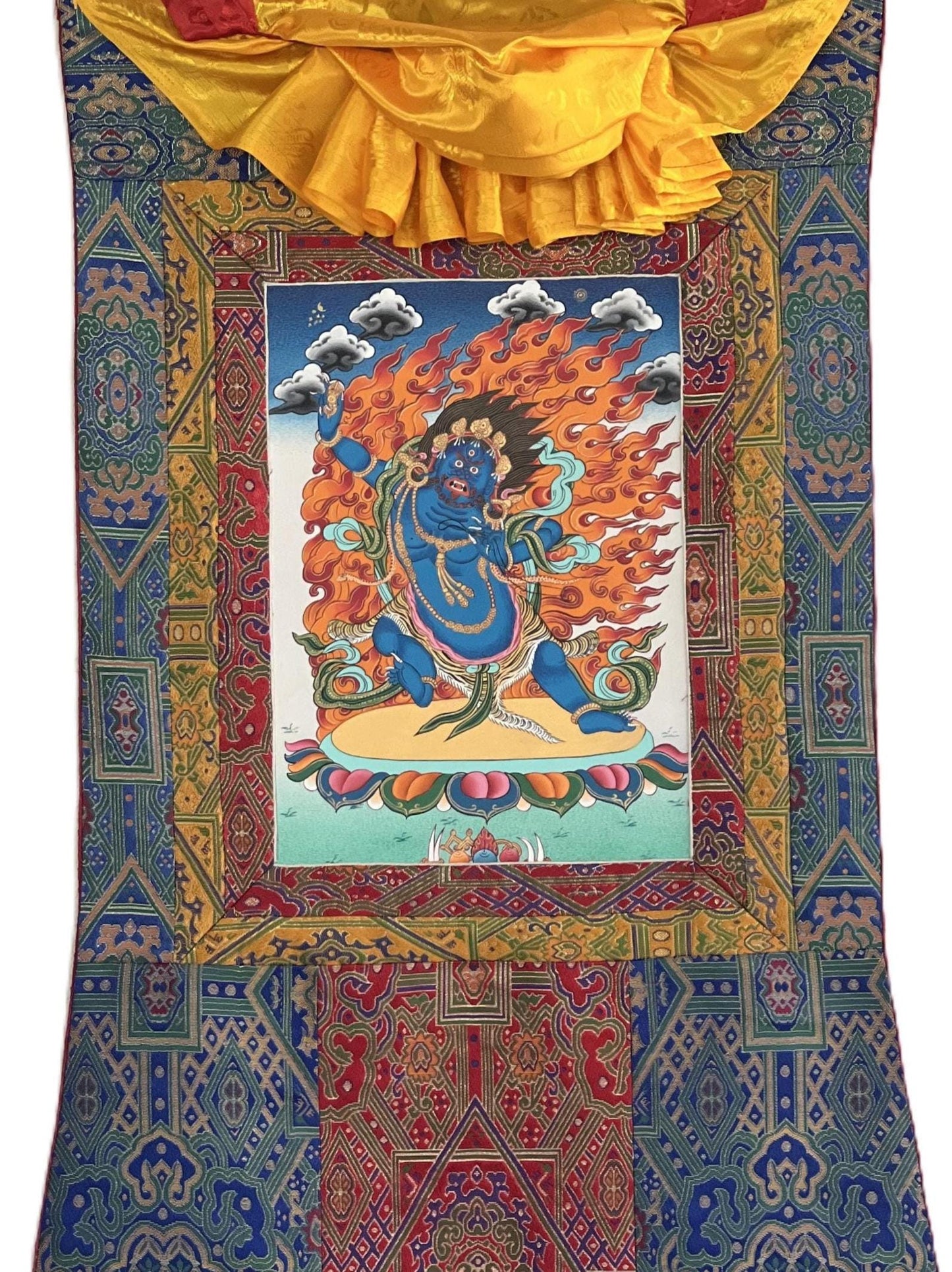 Hand-Painted Vajrapani Thangka | Silk Brocade Framed Tibetan Buddhist Art