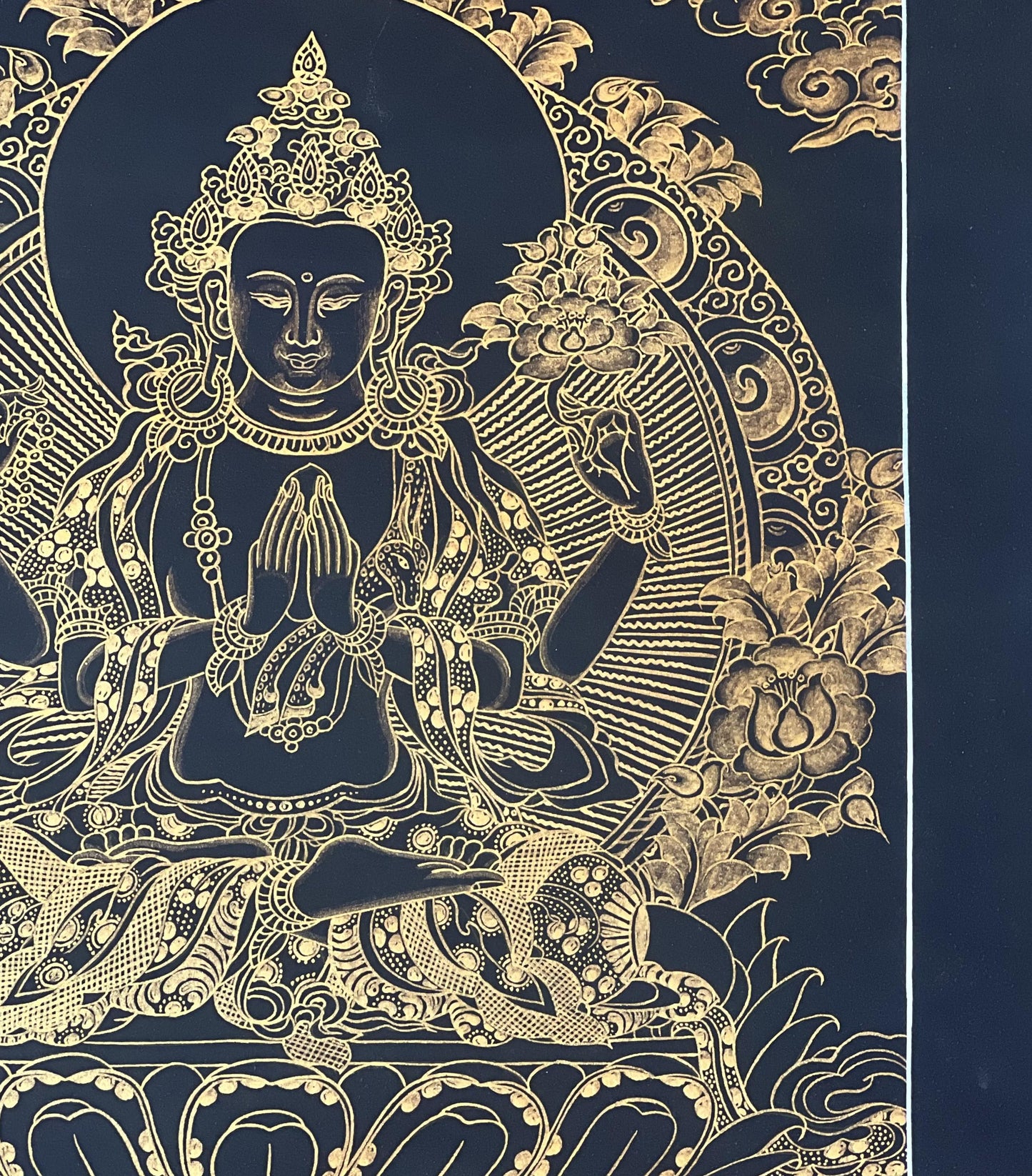 Original Hand-Painted Chenrezig (Avalokiteshvara) Black and Gold Tibetan Thangka Painting with Silk Brocade