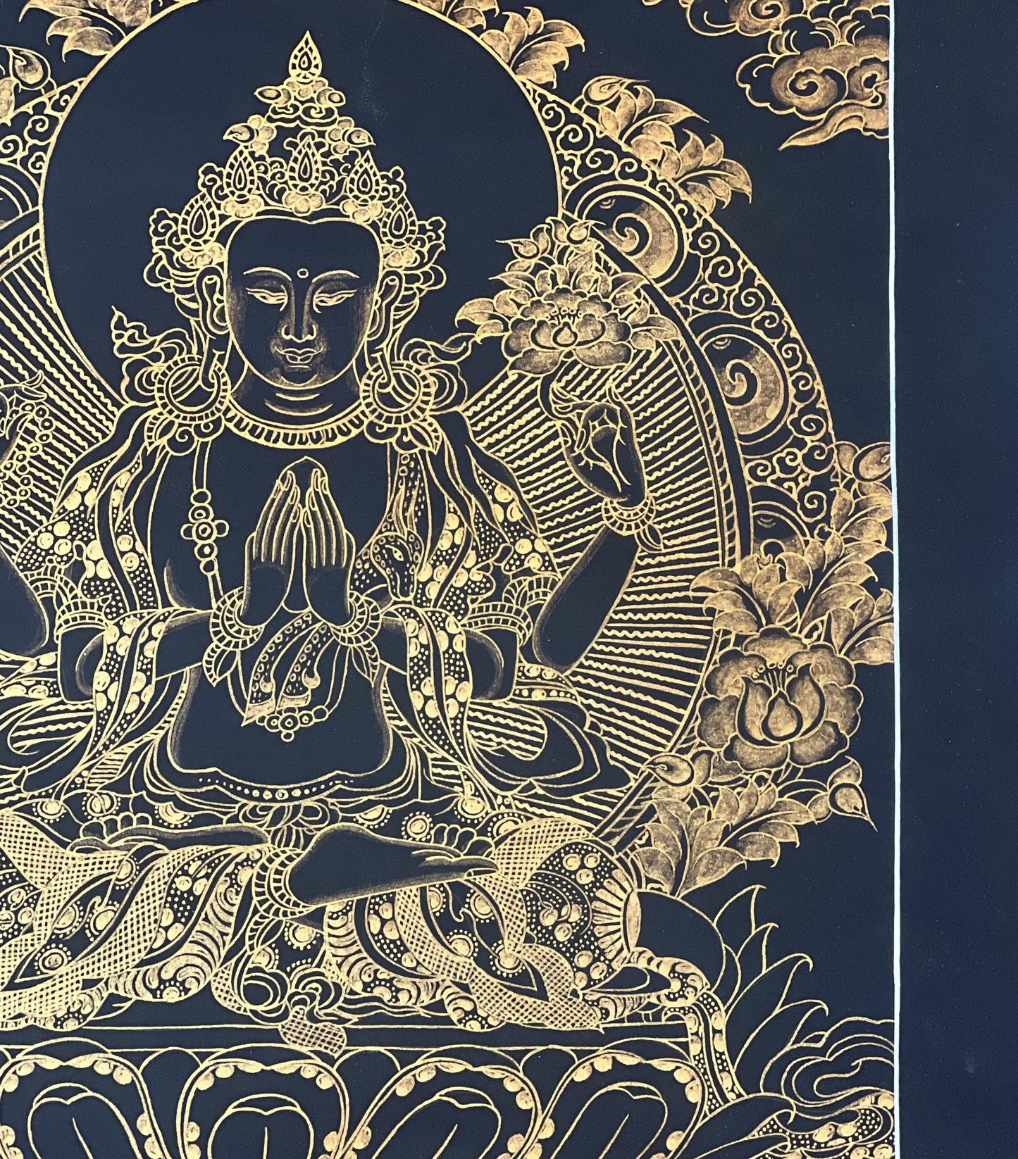 Original Hand-Painted Chenrezig (Avalokiteshvara) Black and Gold Tibetan Thangka Painting