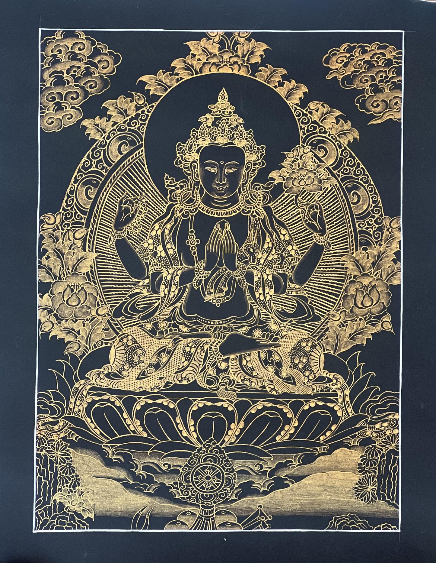 Original Hand-Painted Chenrezig (Avalokiteshvara) Black and Gold Tibetan Thangka Painting