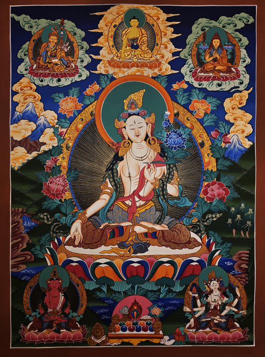 White Tara Thangka Painting, Hand-Painted Mother Goddess Art