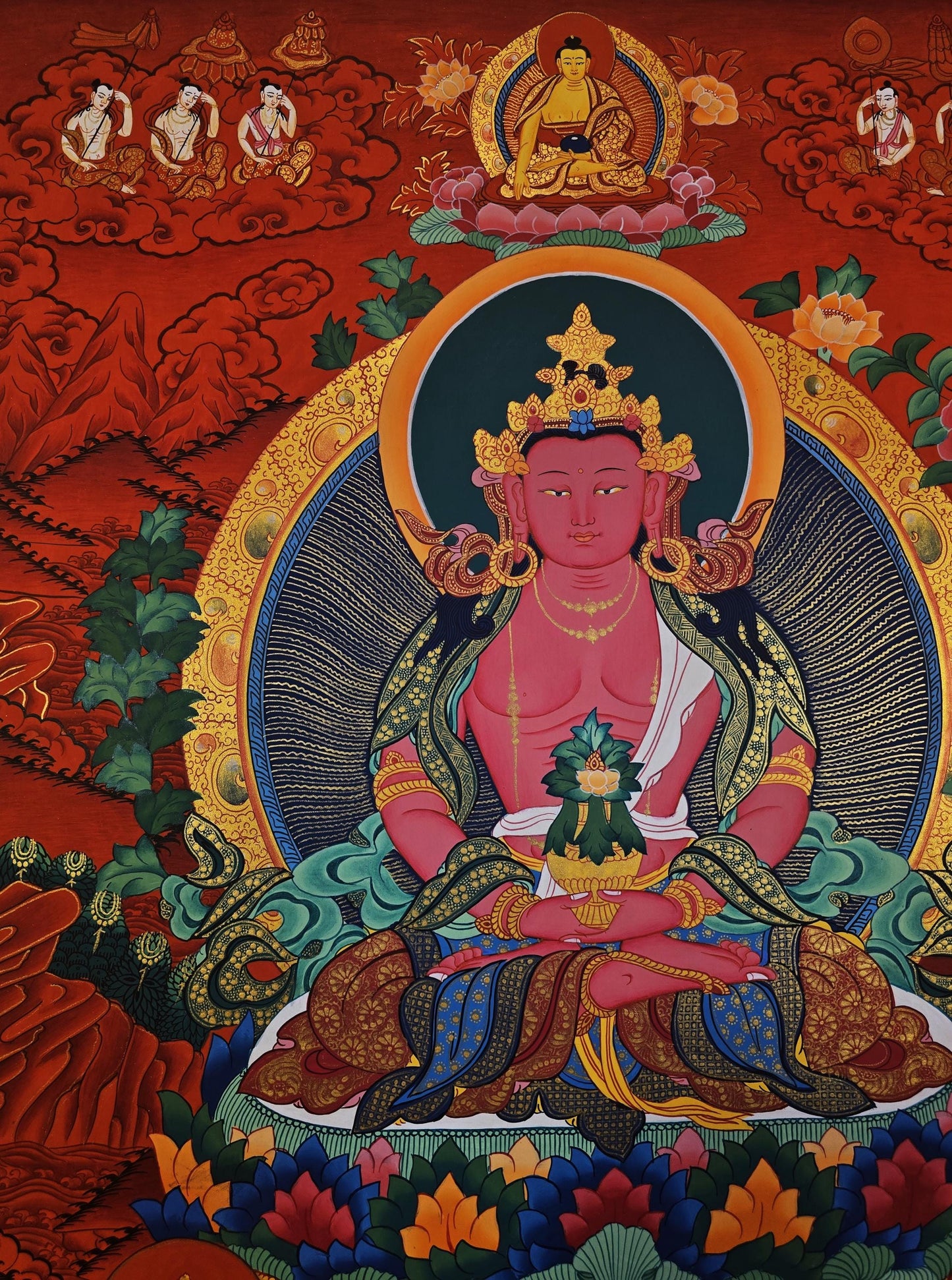 Original Hand-Painted Aparmita Buddha Amitayus Thangka - Tibetan Compassion Meditation Art - Masterpiece from Nepal