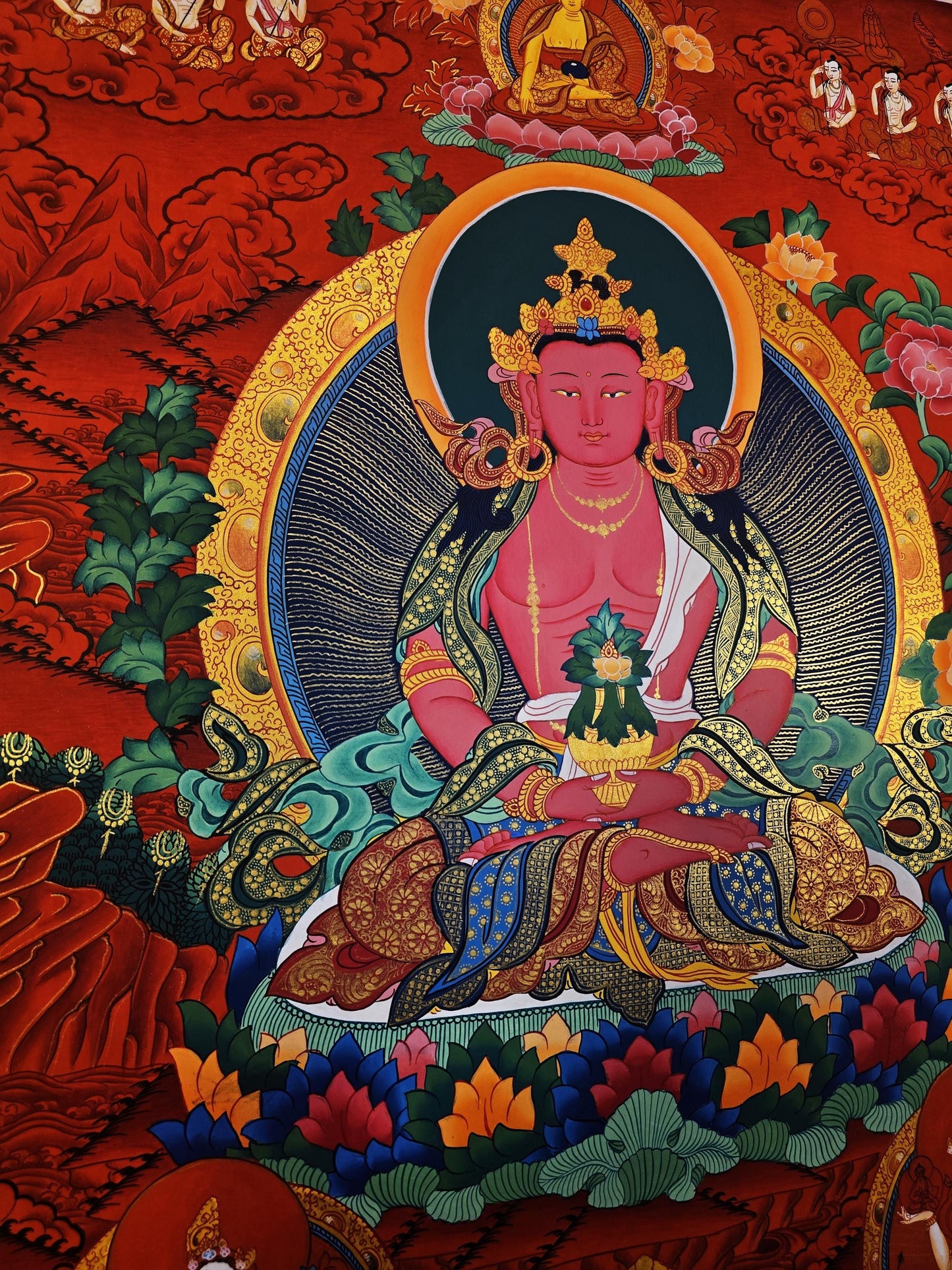 Original Hand-Painted Aparmita Buddha Amitayus Thangka - Tibetan Compassion Meditation Art - Masterpiece from Nepal